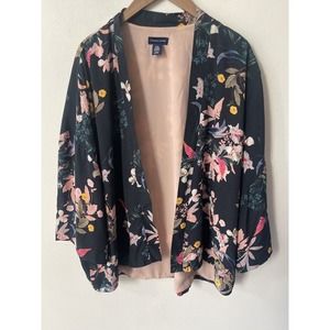 Adrienne Vittadini Women's 3X Black Floral Open Front Kimono Sleeve Oversized